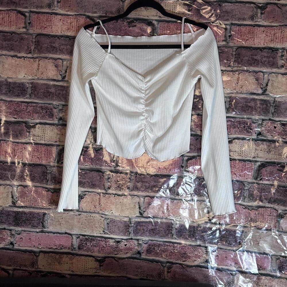 White Ribbed Ruched Off-Shoulder Long Sleeve Crop Top